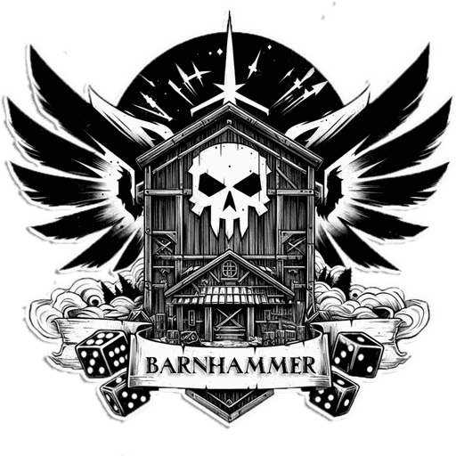 Barnhammer logo: a barn with a skull crest, wings and dice